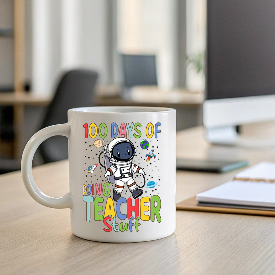 cute astronaut teacher design celebrating 100 days of school 2 with mug mock up 830