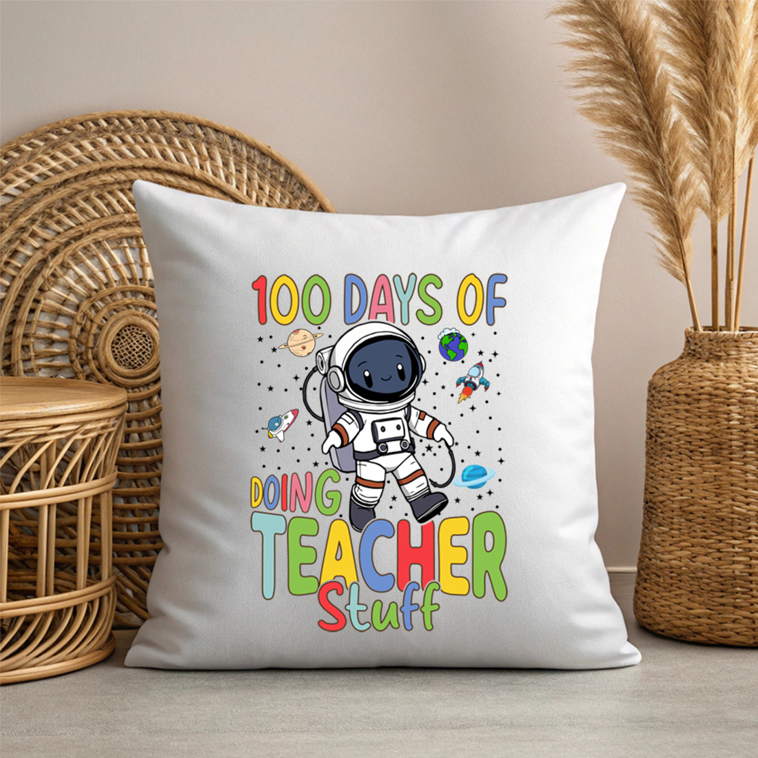 cute astronaut teacher design celebrating 100 days of school 3 with pillow mock up 787