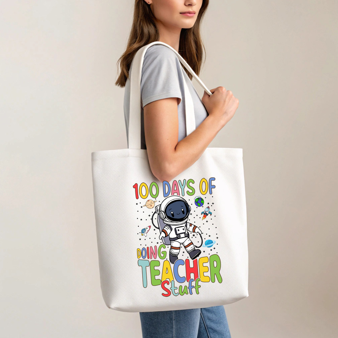 cute astronaut teacher design celebrating 100 days of school 5 with tote bag mock up 939