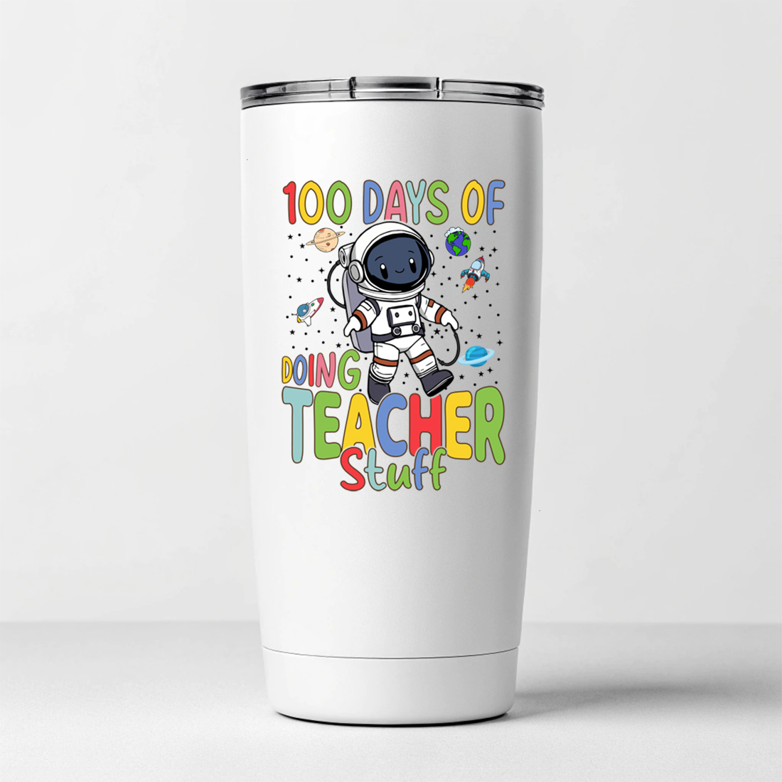 cute astronaut teacher design celebrating 100 days of school 7 white tumblers mockup 48