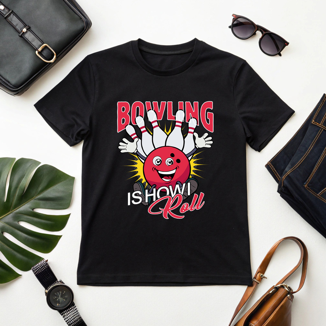 cute bowling artwork with text 'bowling is how I roll' – great for sports fans and merchandise preview image.