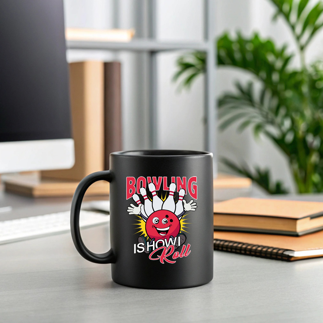 cute bowling artwork with text bowling is how i roll – great for sports fans and merchandise 2 black mug mock up 15