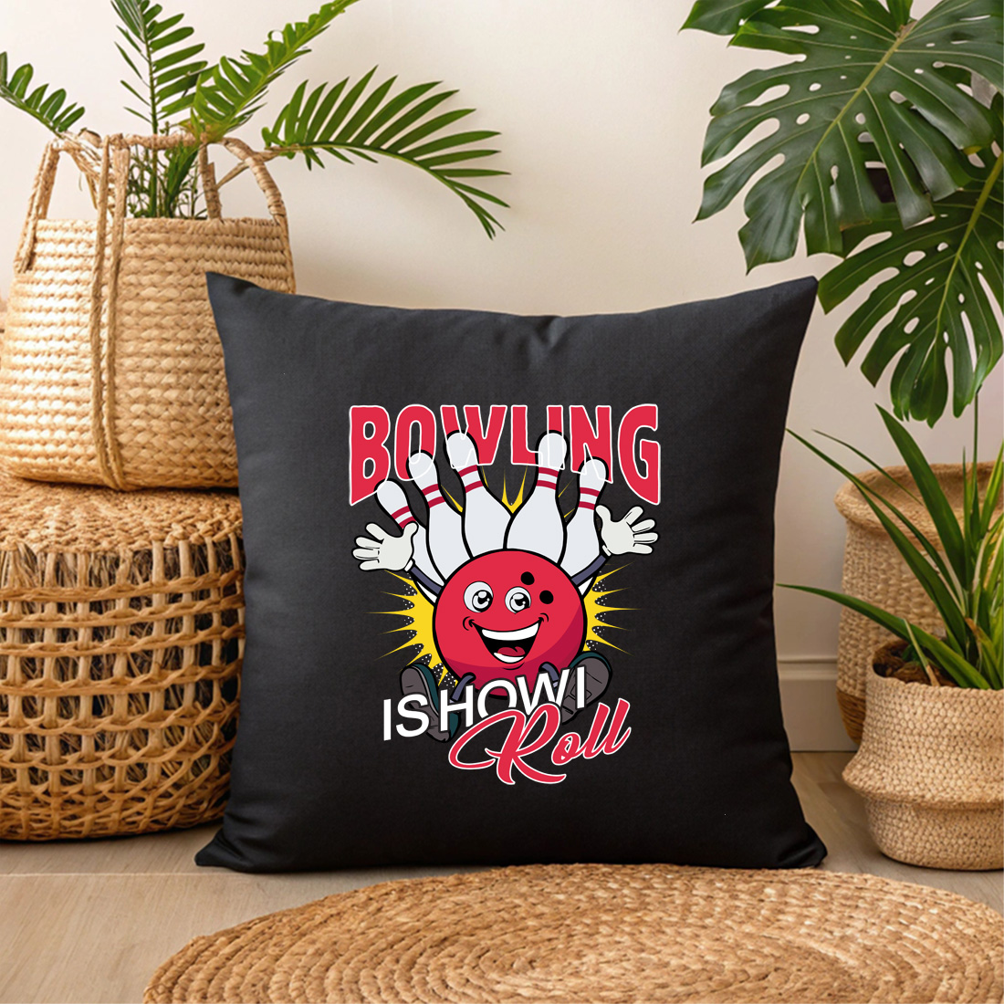 cute bowling artwork with text bowling is how i roll – great for sports fans and merchandise 3 black pillow mock up 800