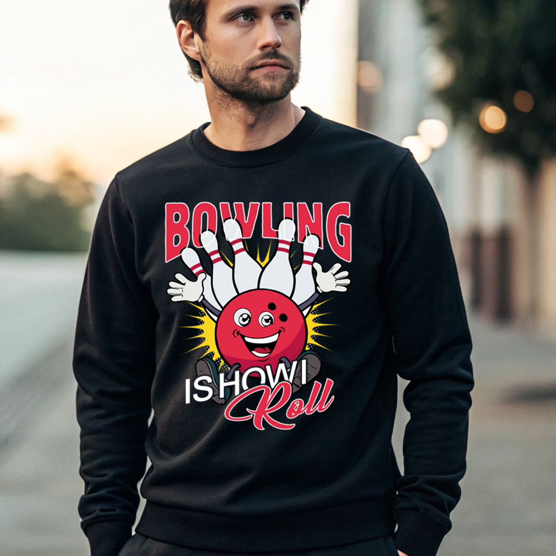 cute bowling artwork with text bowling is how i roll – great for sports fans and merchandise 4 black male sweatshirt mock up 343