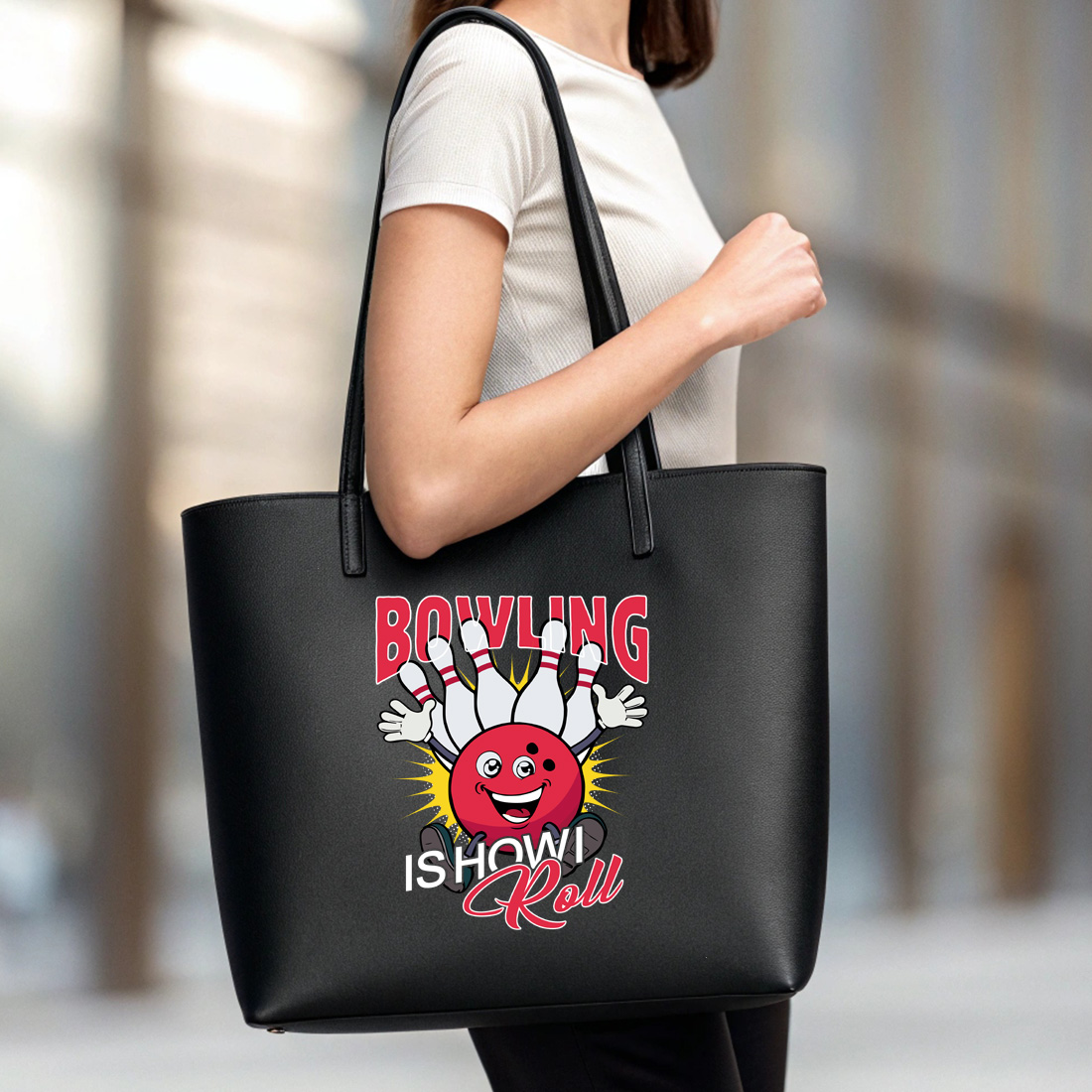 cute bowling artwork with text bowling is how i roll – great for sports fans and merchandise 6 black tote beg mock up 95