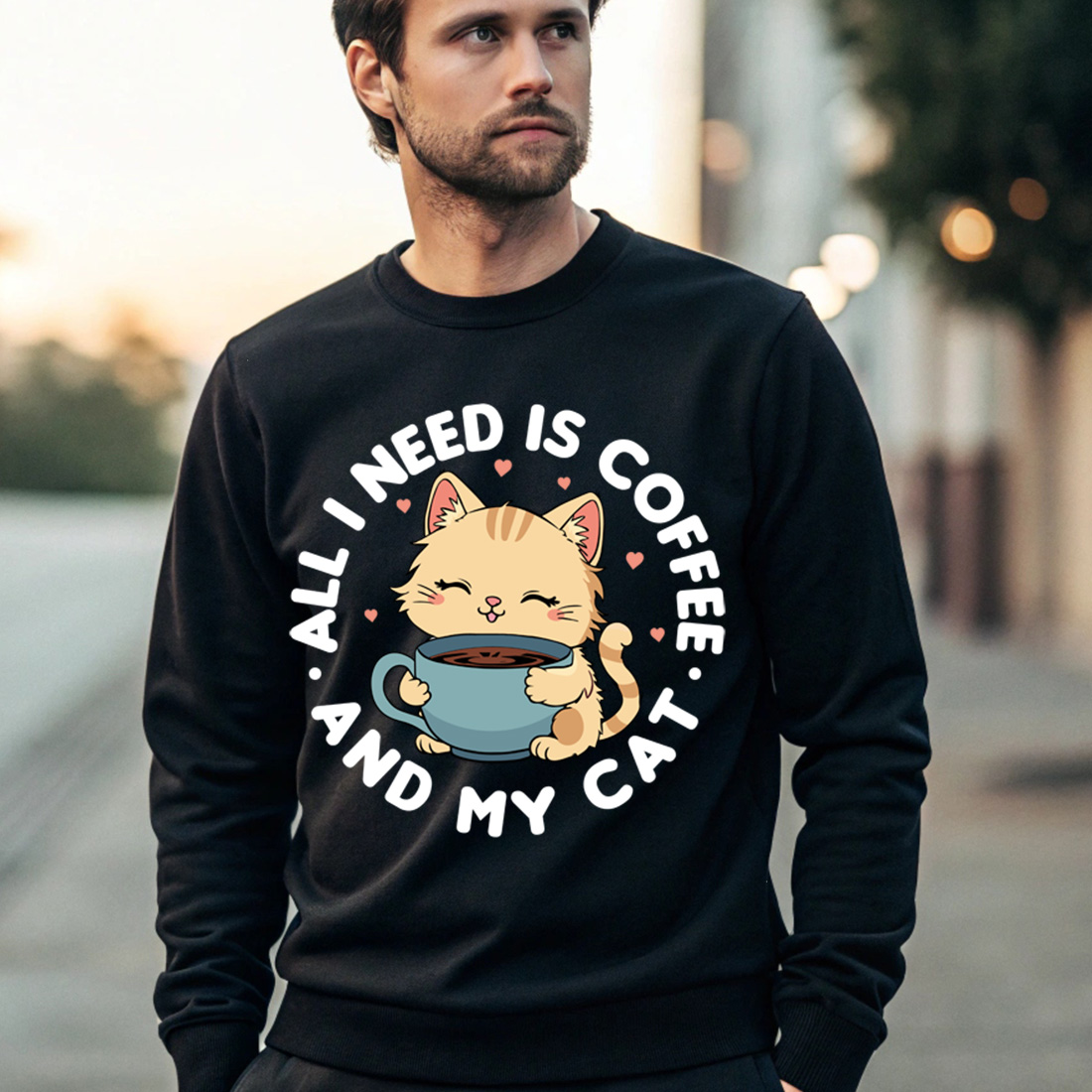 cute cat and coffee illustration perfect design for pet lovers black male sweatshirt mock up 392