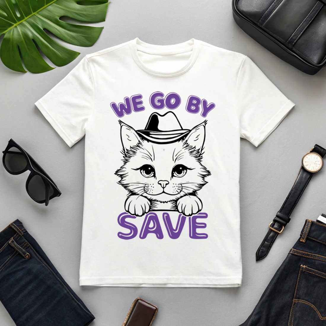 Cute Cat Wearing a Hat - 'We Go by Save' Illustration for T-Shirts And Other Merchandise cover image.