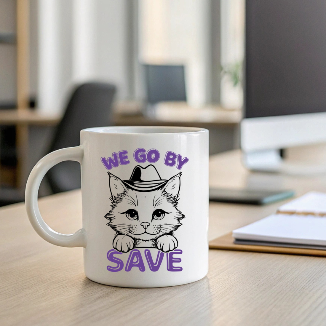 Cute Cat Wearing a Hat - 'We Go by Save' Illustration for T-Shirts And Other Merchandise preview image.