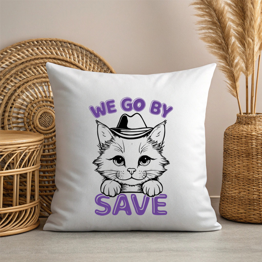 cute cat wearing a hat we go by save illustration for t shirts and other merchandise 3 with pillow mock up 715