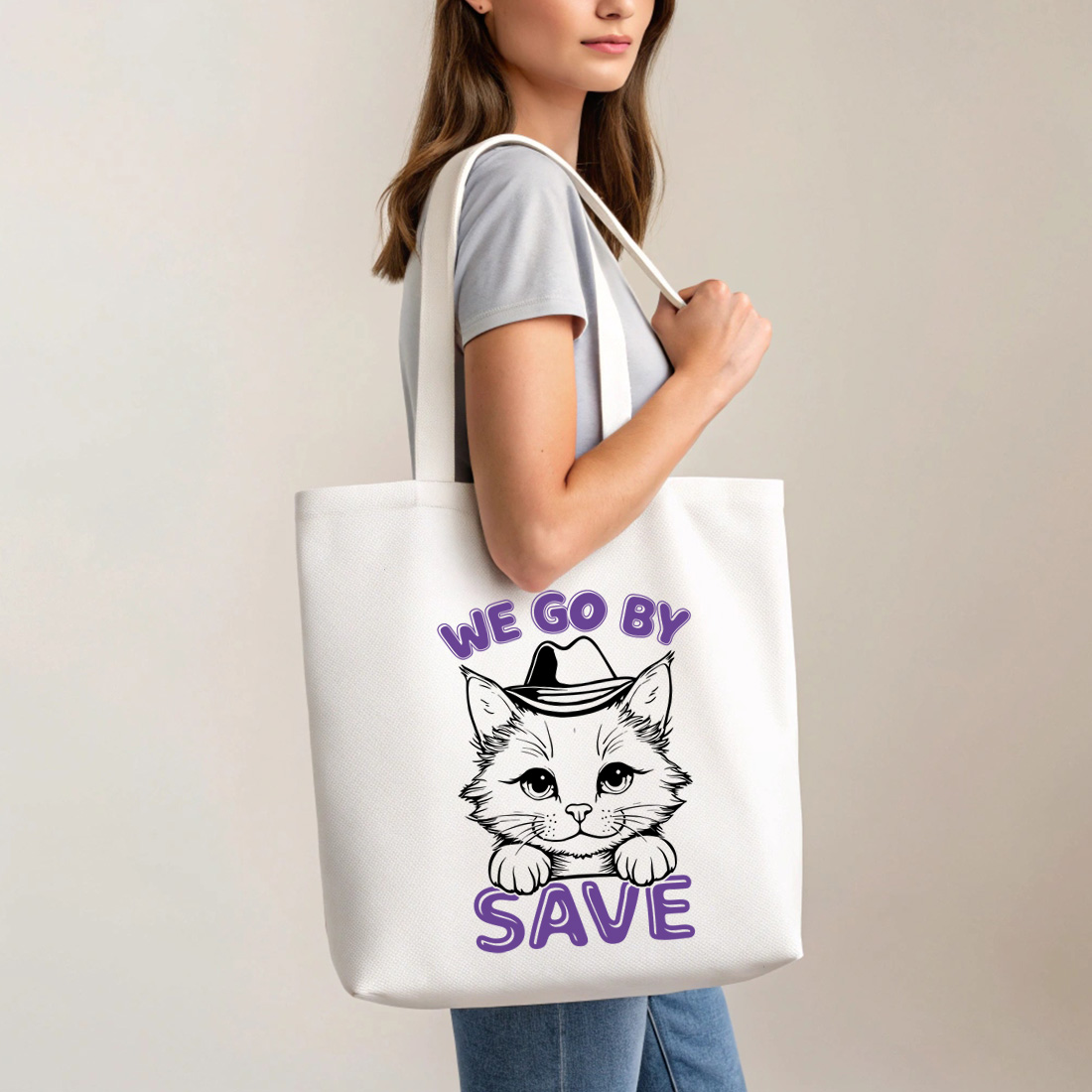 cute cat wearing a hat we go by save illustration for t shirts and other merchandise 5 with tote bag mock up 189