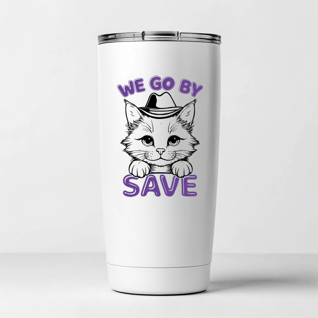 cute cat wearing a hat we go by save illustration for t shirts and other merchandise 7 white tumblers mockup 576