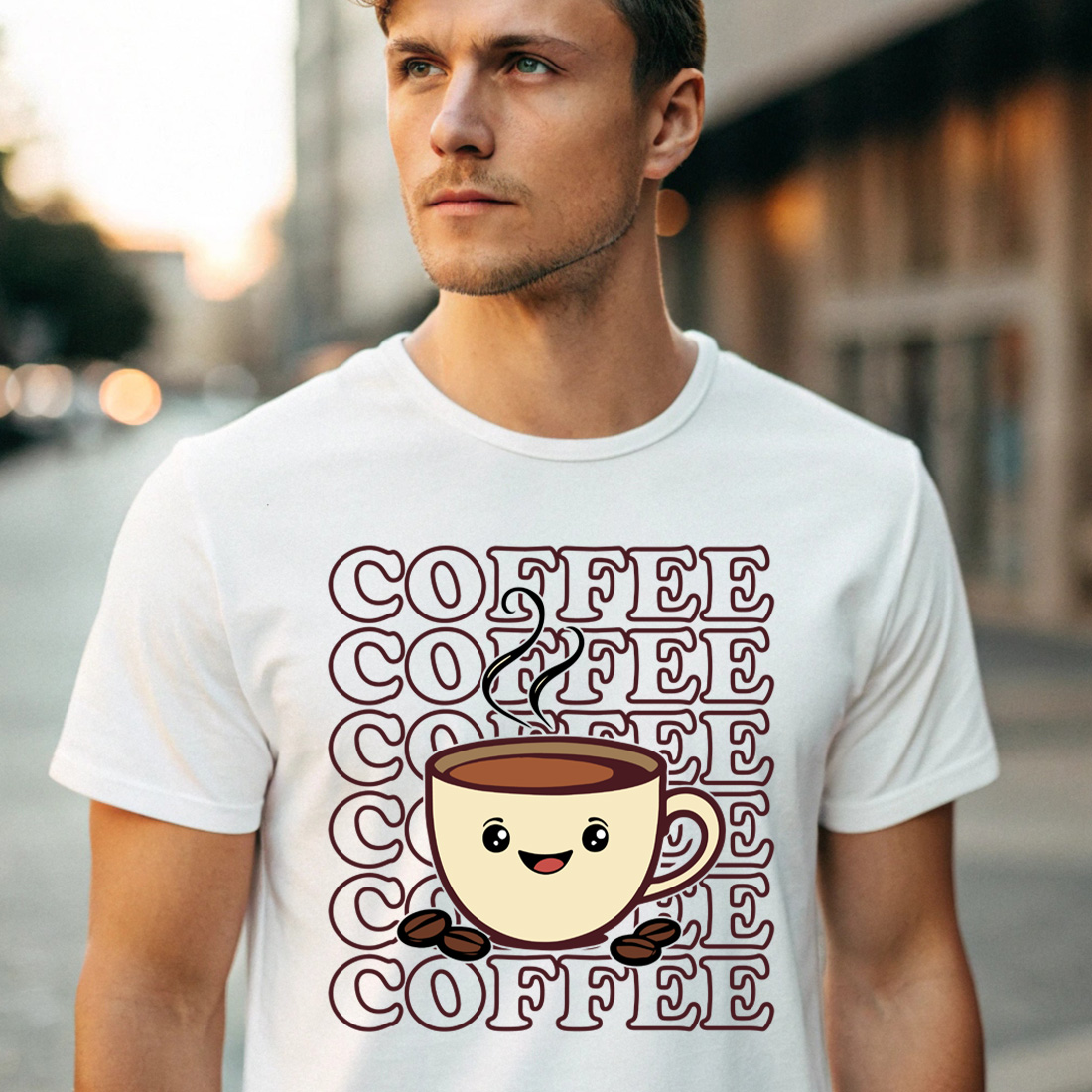 cute coffee cup illustration with happy face and coffee beans with male t shirt mock up 823