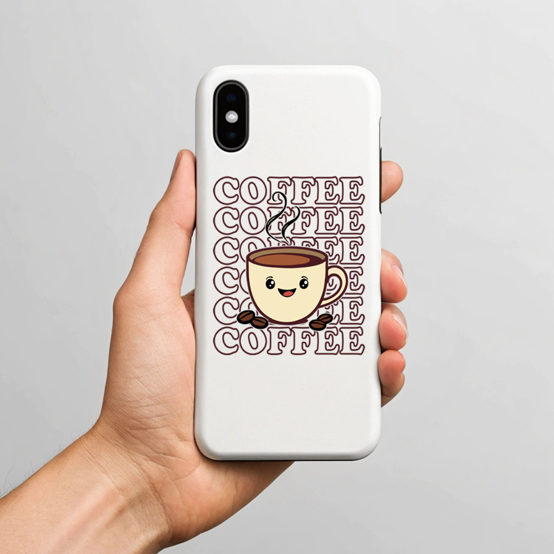 cute coffee cup illustration with happy face and coffee beans with phone case mock up 854