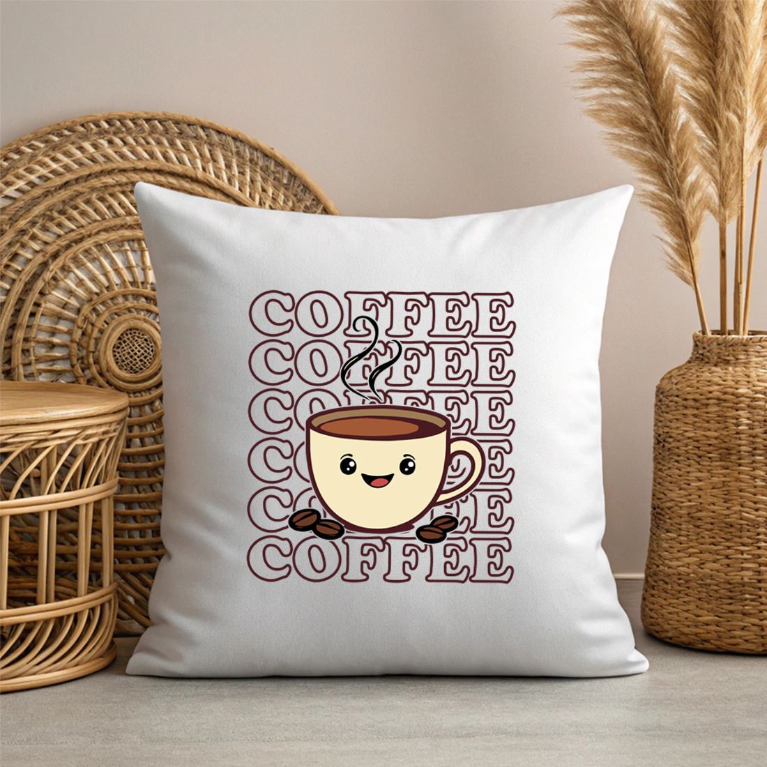 cute coffee cup illustration with happy face and coffee beans with pillow mock up 727