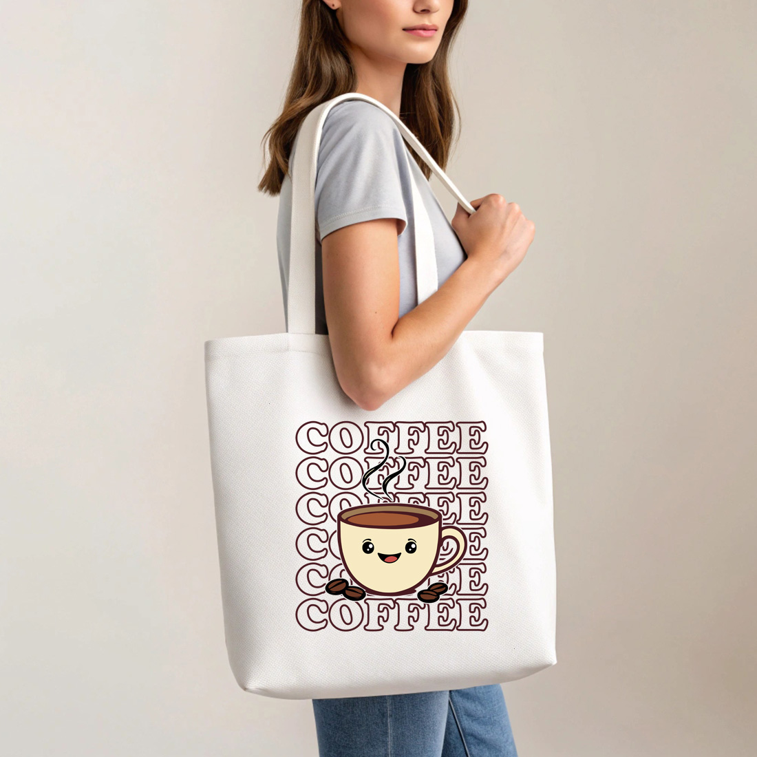 cute coffee cup illustration with happy face and coffee beans with tote bag mock up 148