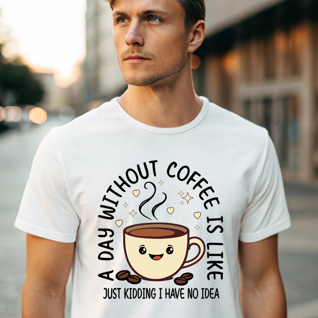 cute coffee mug illustration with humorous quote for coffee lovers graphic design with male t shirt mock up 153