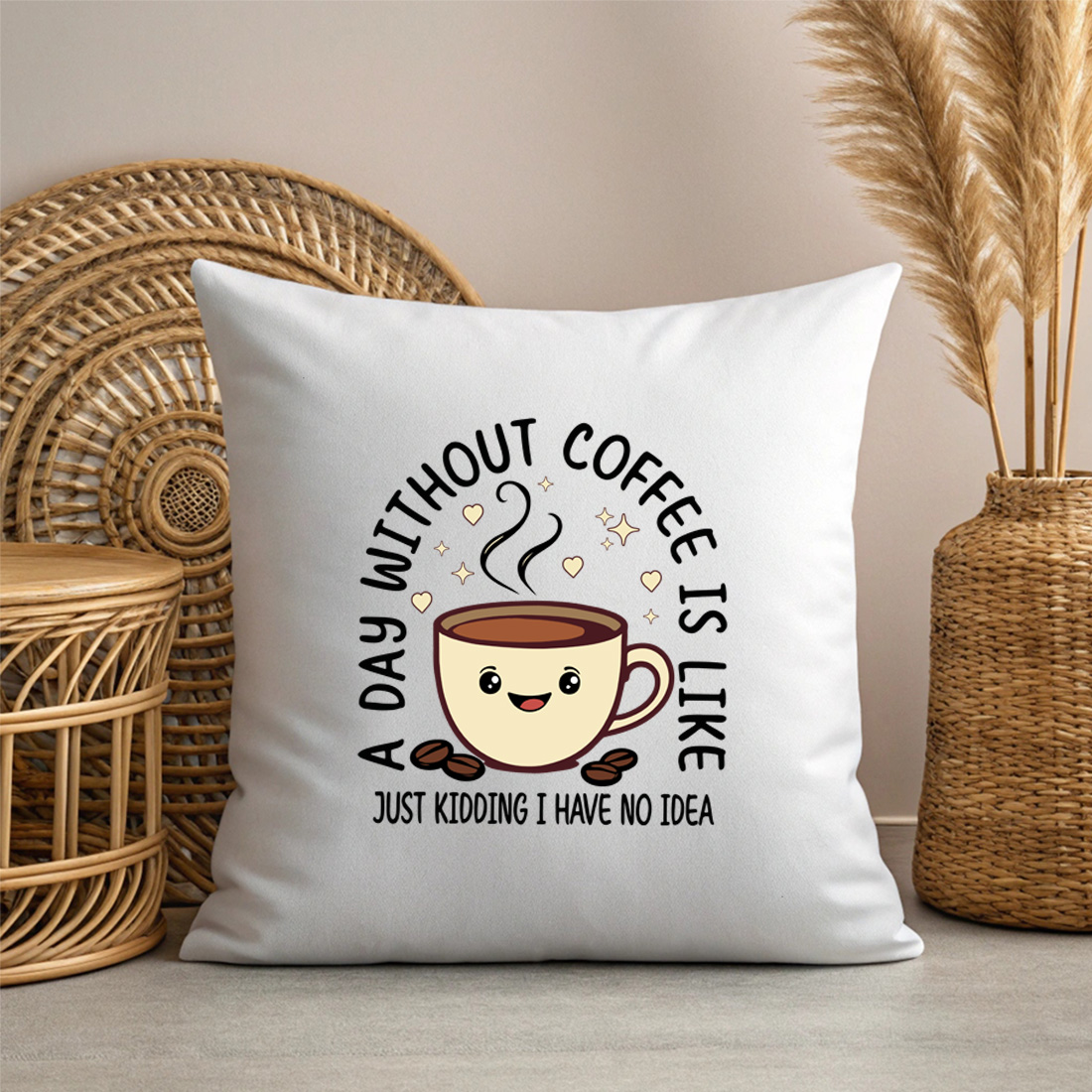 cute coffee mug illustration with humorous quote for coffee lovers graphic design with pillow mock up 36