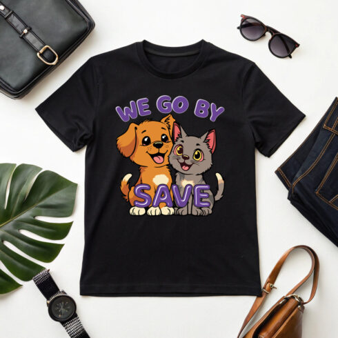 Cute Dog and Cat Cartoon Design with 'We Go by Save' Slogan for T-Shirts and Accessories cover image.