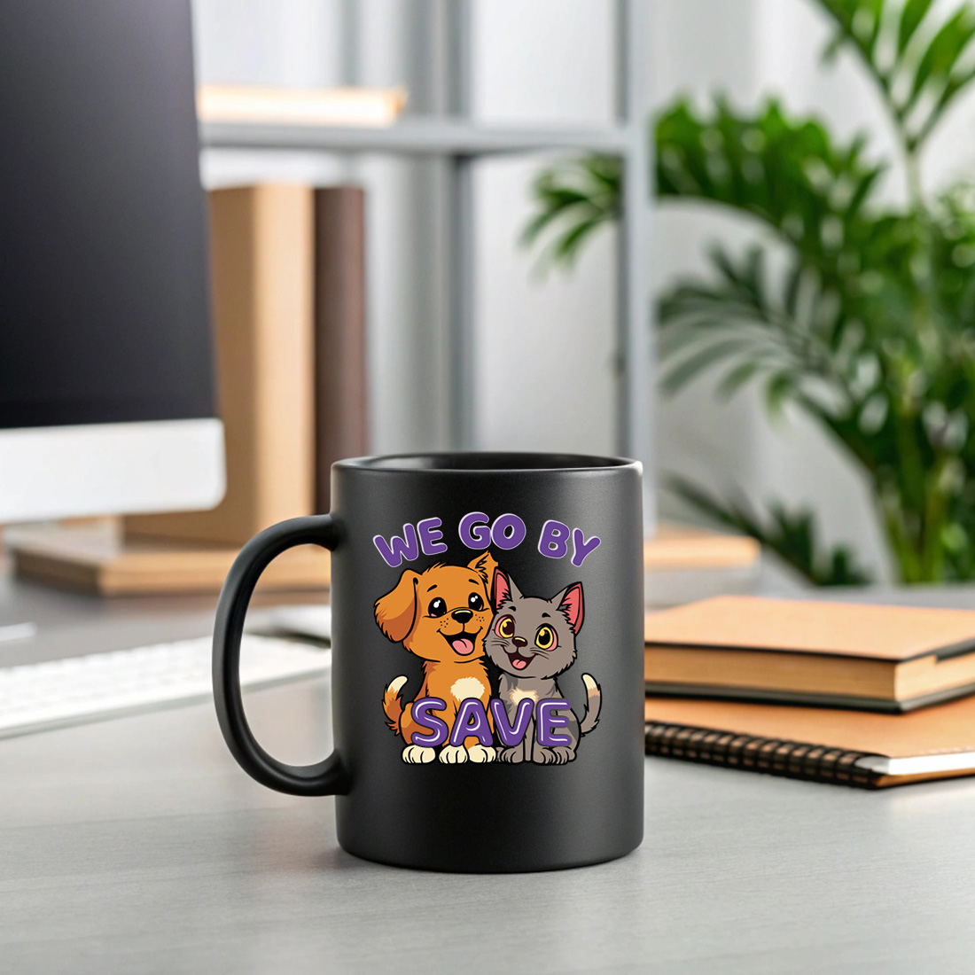 cute dog and cat cartoon design with we go by save slogan for t shirts and accessories 2 black mug mock up 588