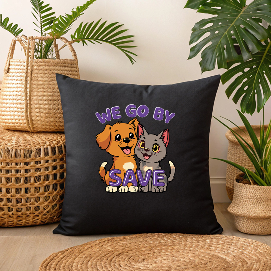 Cute Dog and Cat Cartoon Design with 'We Go by Save' Slogan for T-Shirts and Accessories preview image.