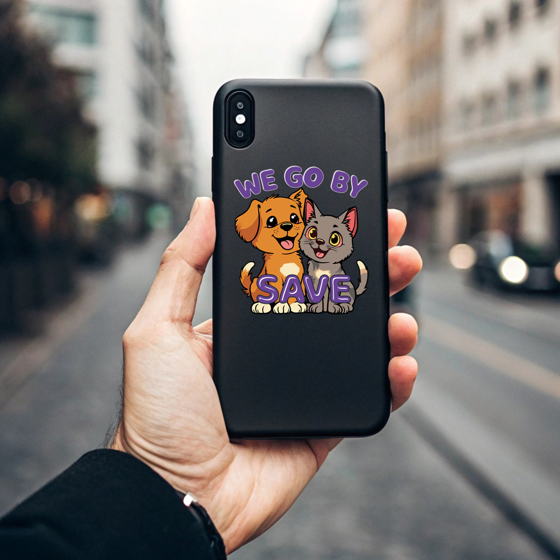 cute dog and cat cartoon design with we go by save slogan for t shirts and accessories 5 black phone case mock up 647