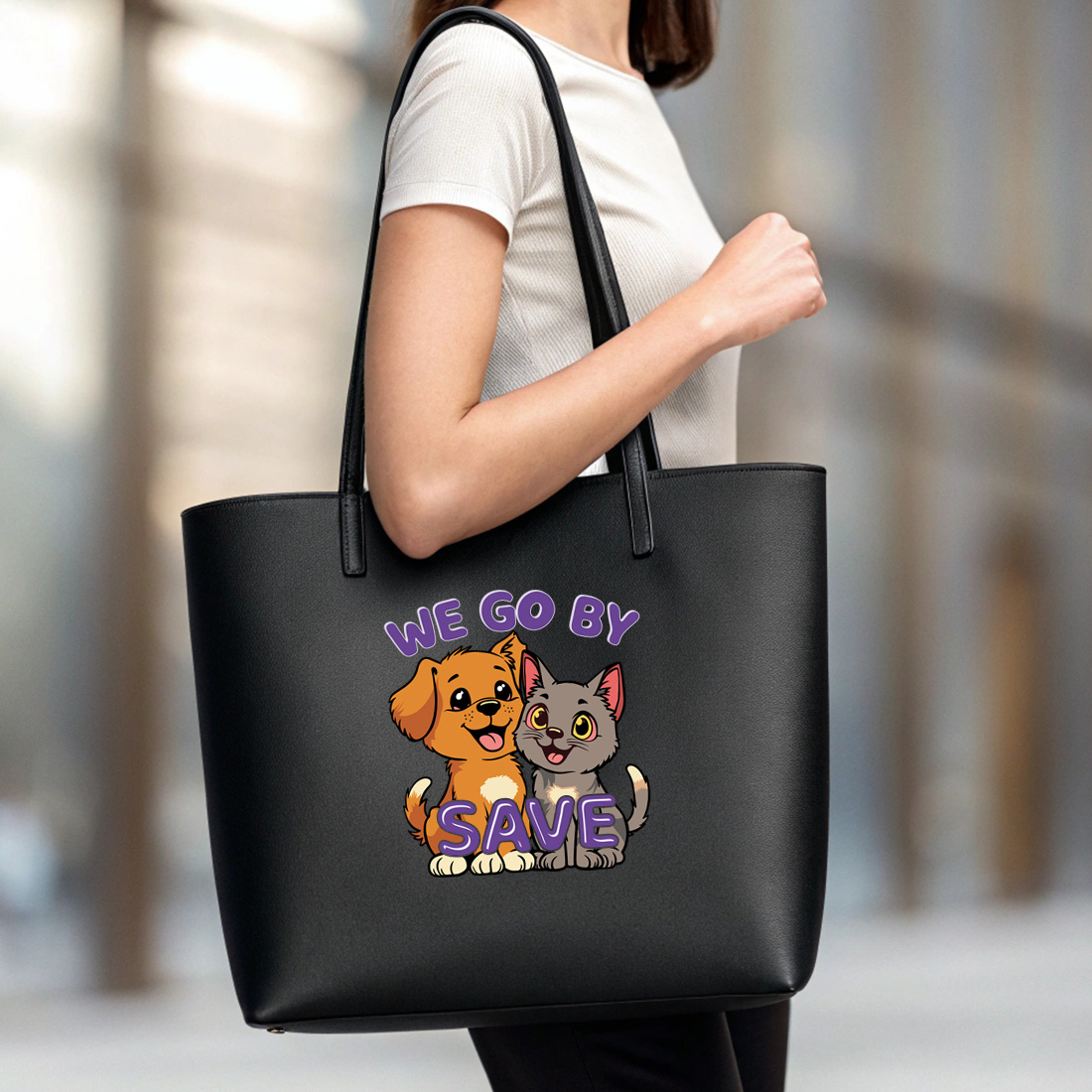 cute dog and cat cartoon design with we go by save slogan for t shirts and accessories 6 black tote beg mock up 100