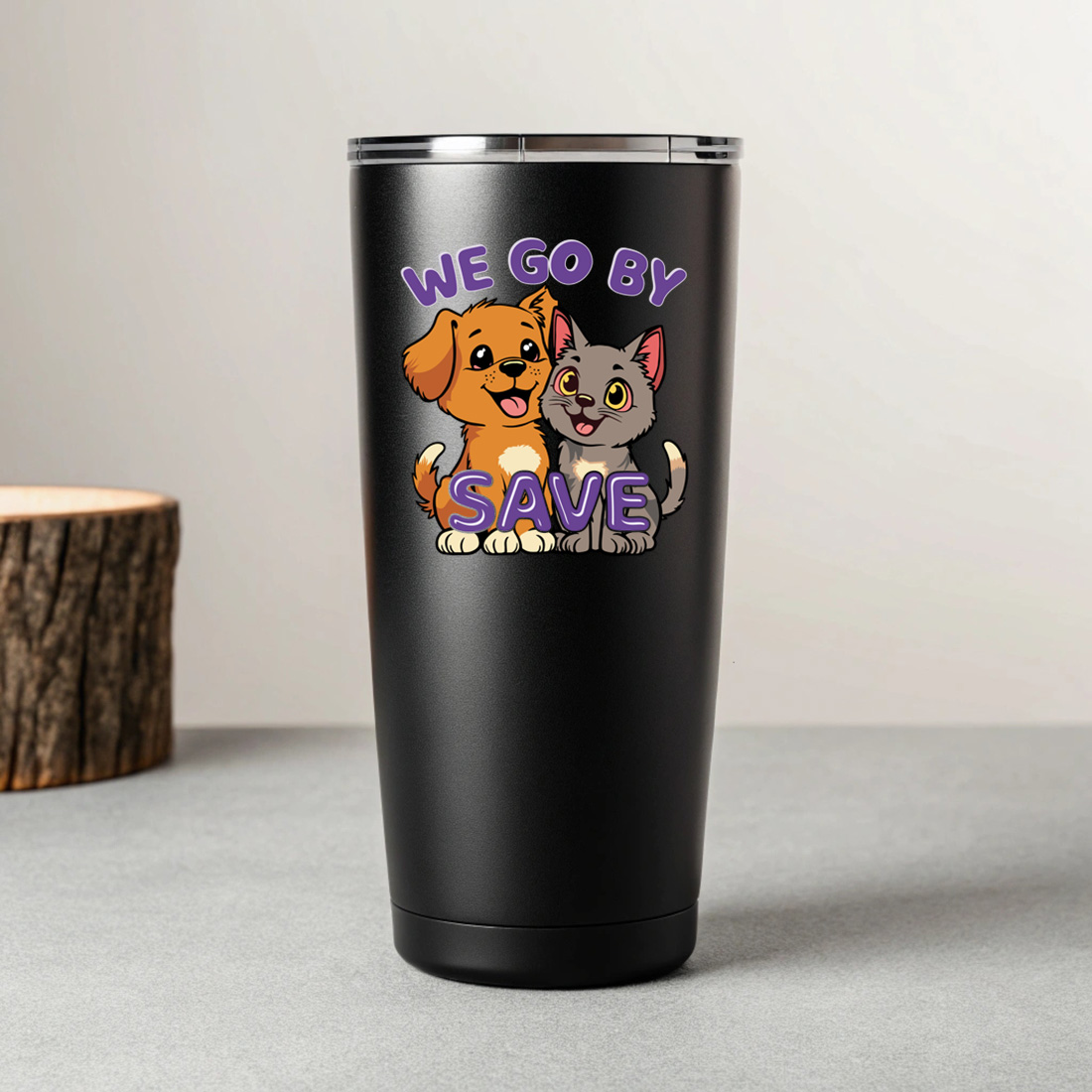 cute dog and cat cartoon design with we go by save slogan for t shirts and accessories 7 black tumblers mockup 874