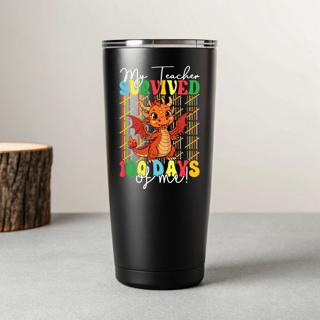 cute dragon 100 days of school teacher appreciation t shirt design 7 black tumblers mockup 604