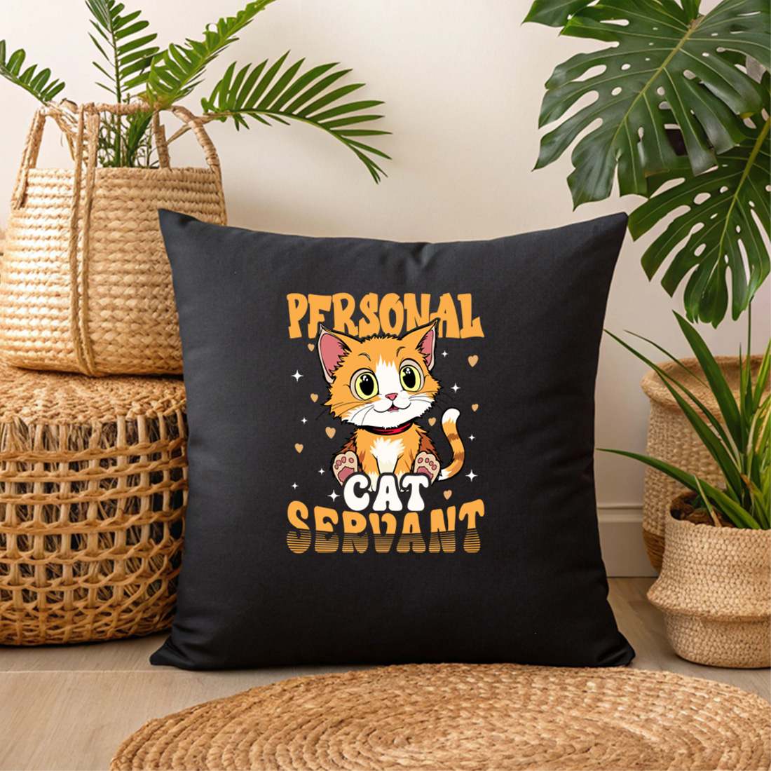 cute personal cat servant t shirt design for cat lovers 3 black pillow mock up 879