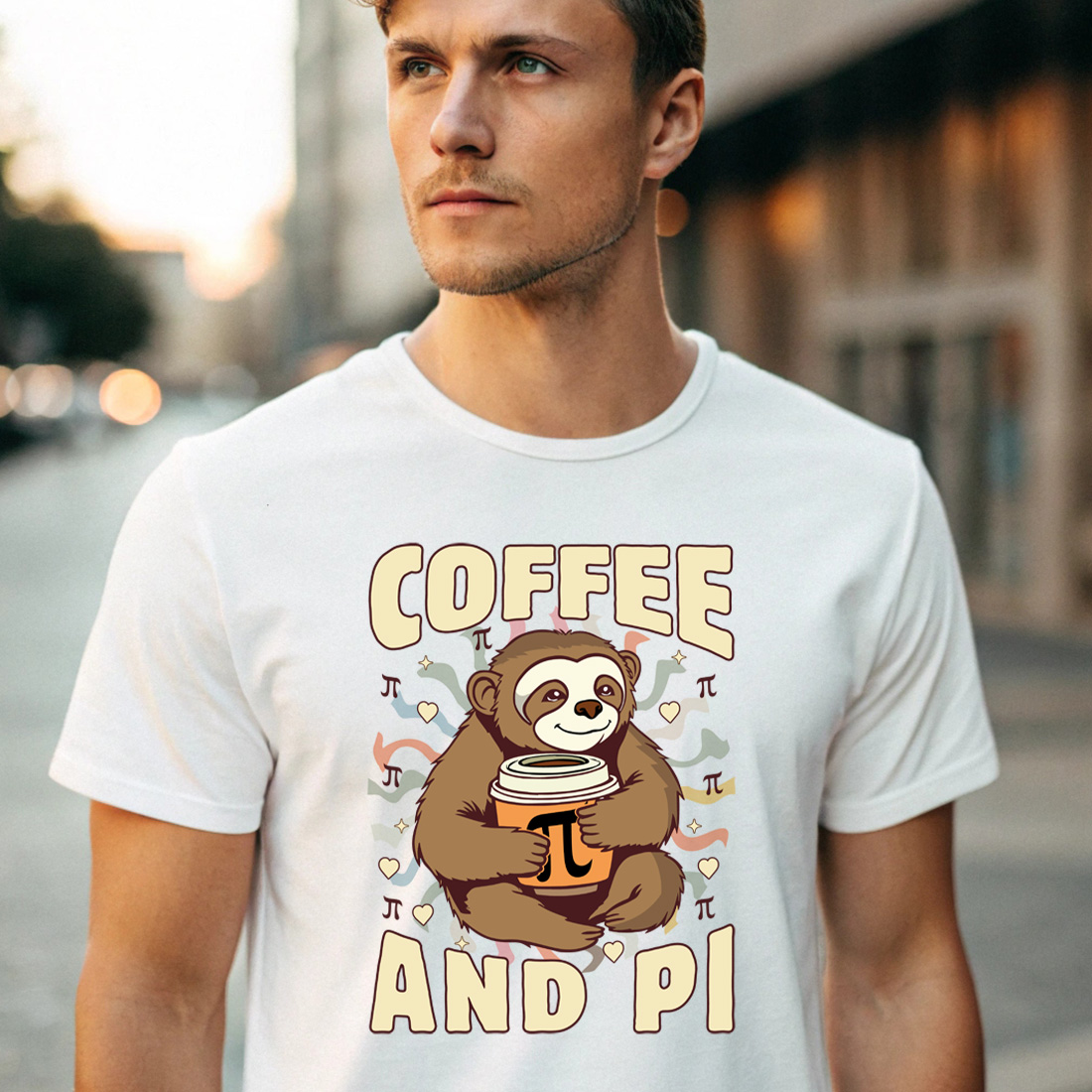 cute sloth holding pi themed coffee cup fun design for math fans with male t shirt mock up 241