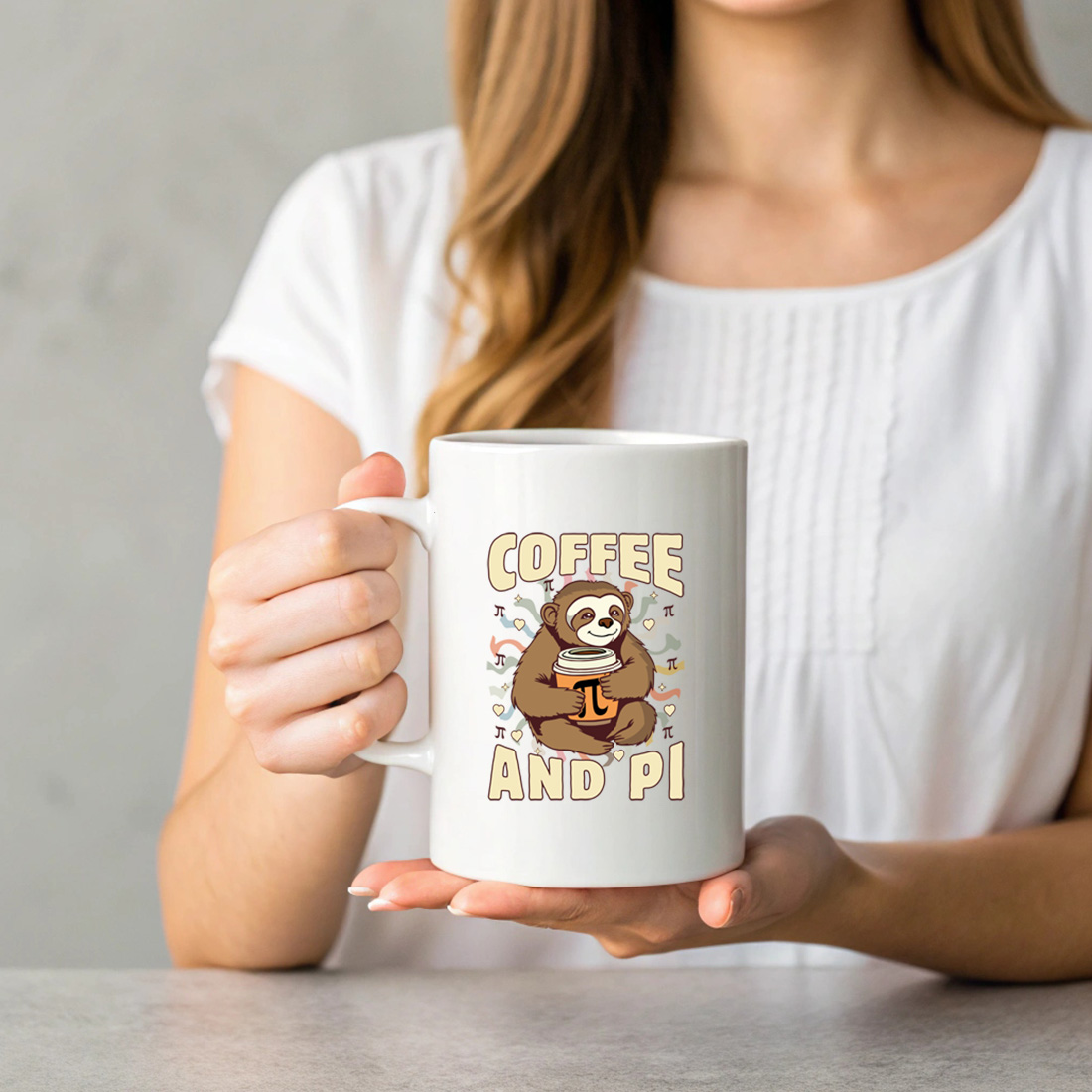 cute sloth holding pi themed coffee cup fun design for math fans with mug mock up 570