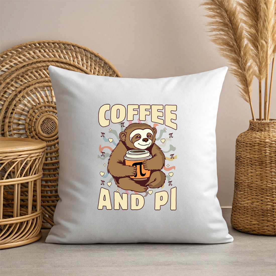 cute sloth holding pi themed coffee cup fun design for math fans with pillow mock up 106