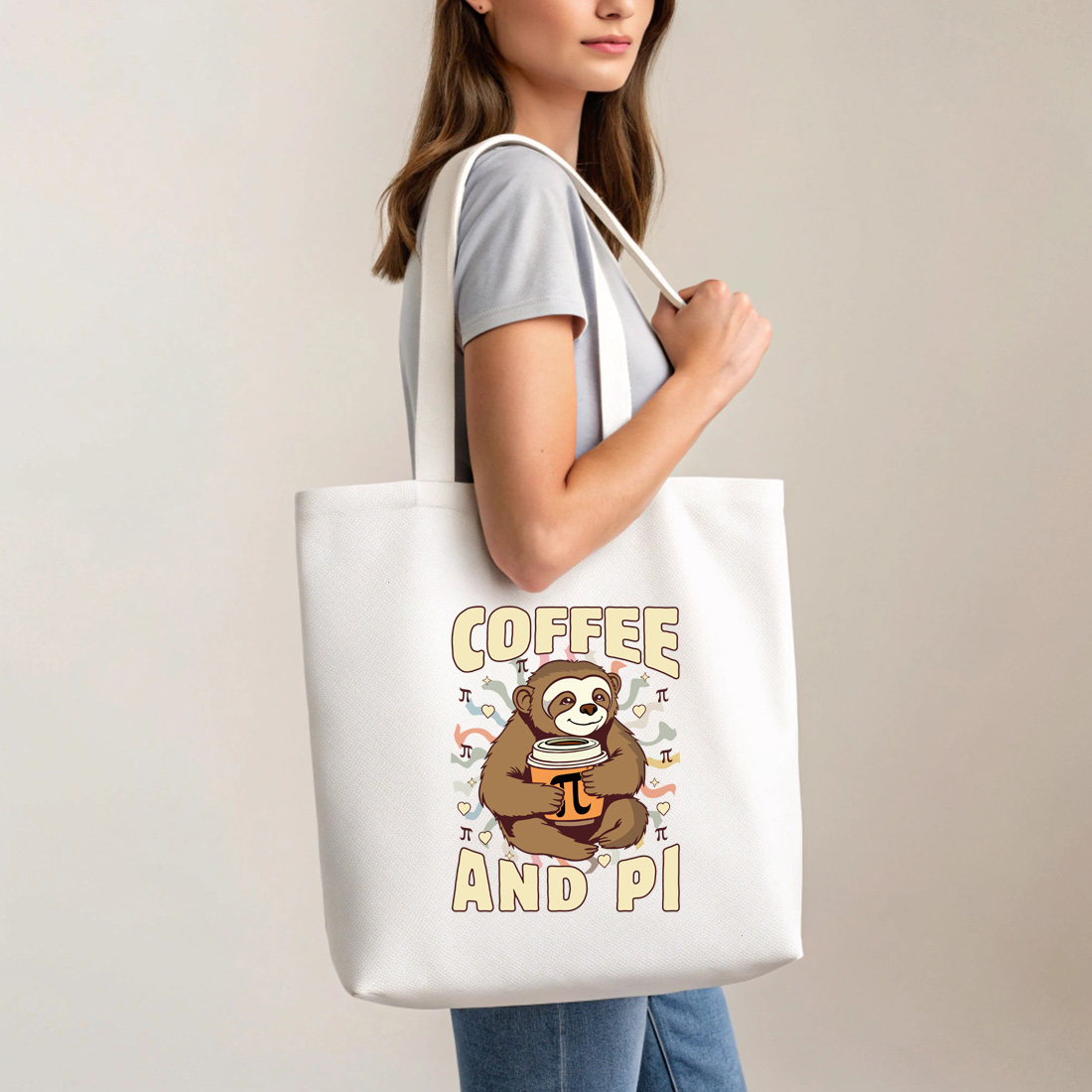 cute sloth holding pi themed coffee cup fun design for math fans with tote bag mock up 499