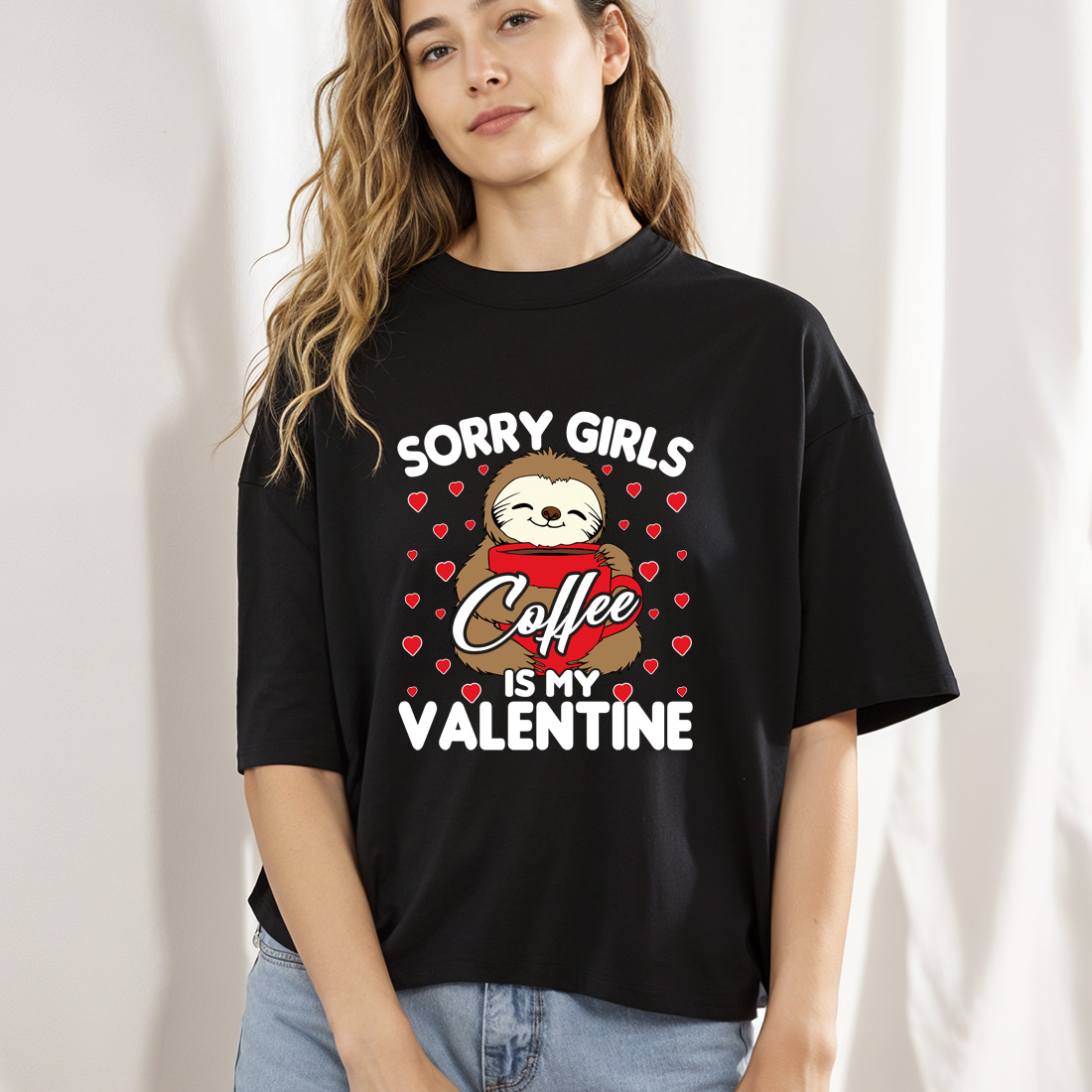 cute sloth with coffee valentine graphic design perfect for t shirts and mugs black female mock up 772