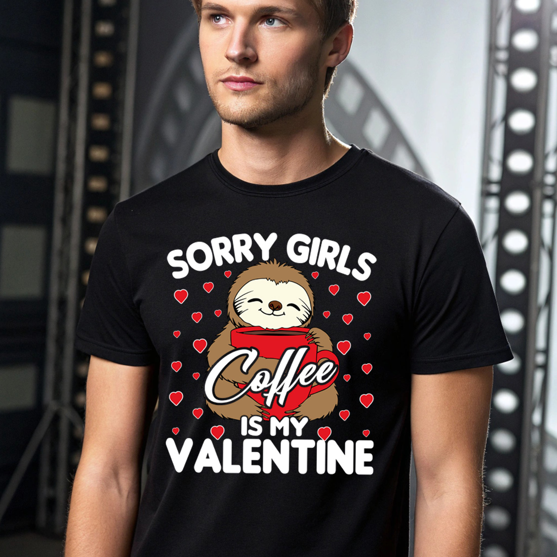 cute sloth with coffee valentine graphic design perfect for t shirts and mugs black male t shirt mock up 355