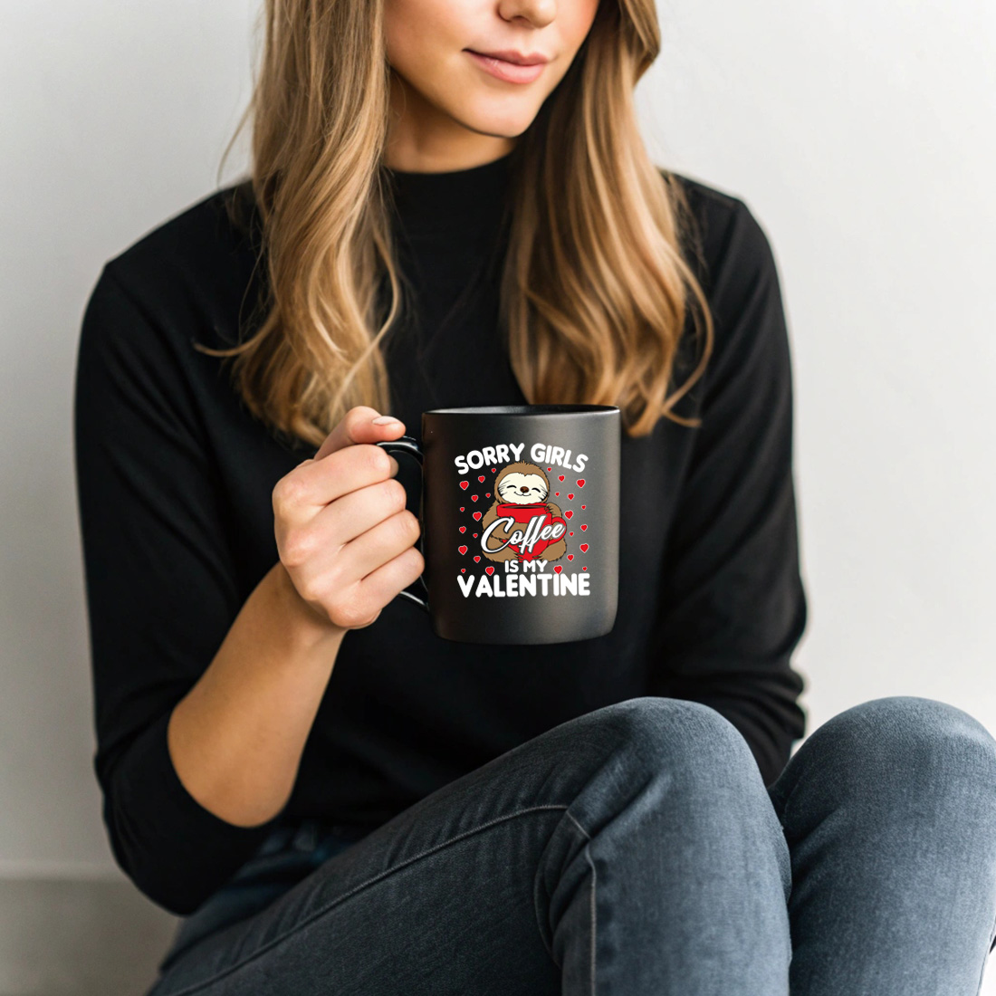 cute sloth with coffee valentine graphic design perfect for t shirts and mugs black mug mock up 509