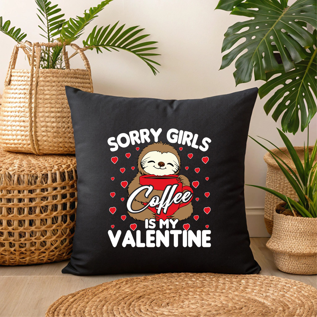 cute sloth with coffee valentine graphic design perfect for t shirts and mugs black pillow mock up 715