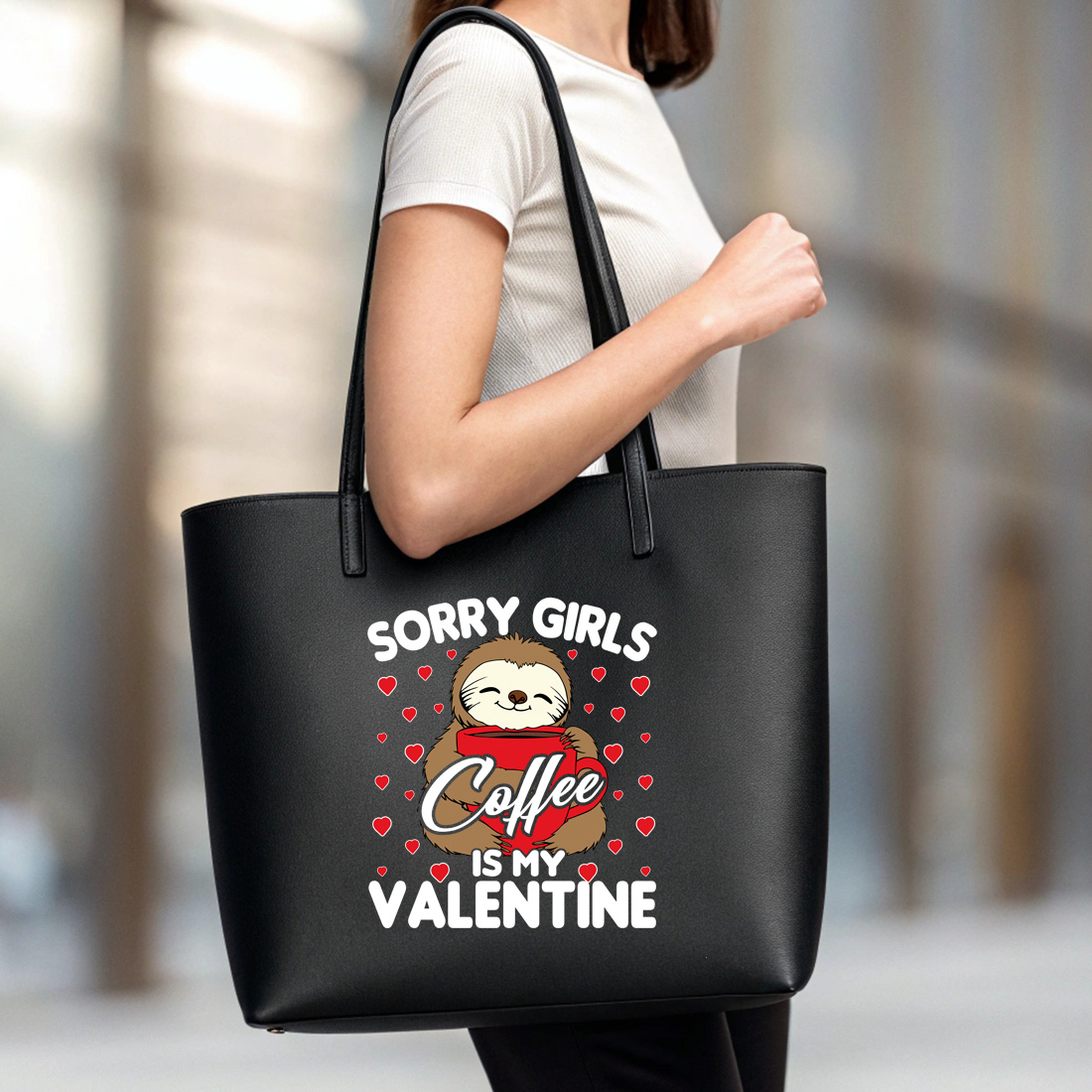 cute sloth with coffee valentine graphic design perfect for t shirts and mugs black tote beg mock up 335