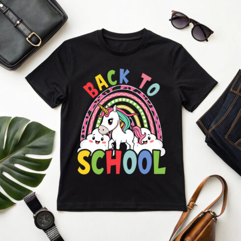 Cute unicorn back to school design with colorful rainbow and happy clouds cover image.