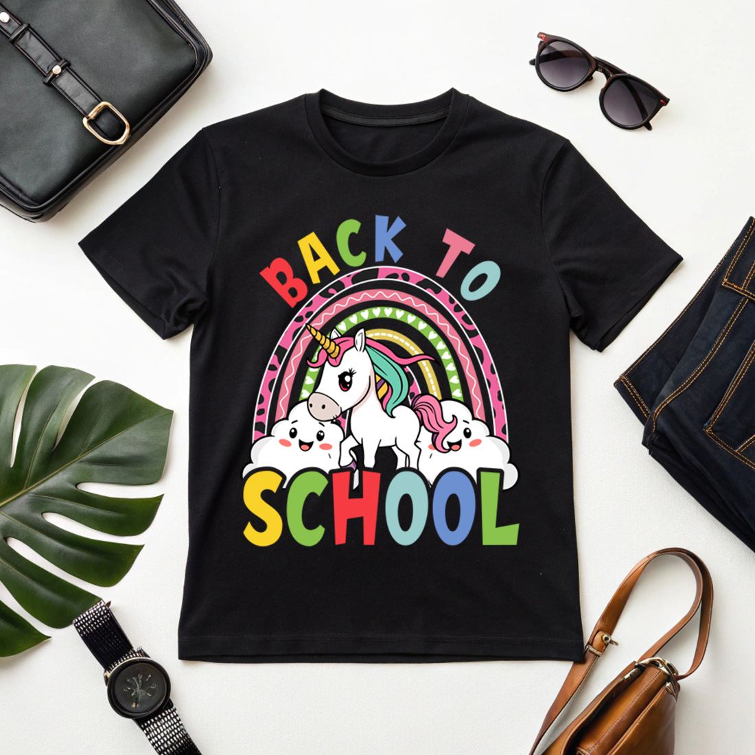 cute unicorn back to school design with colorful rainbow and happy clouds 1 black etsy t shirt mock up 764