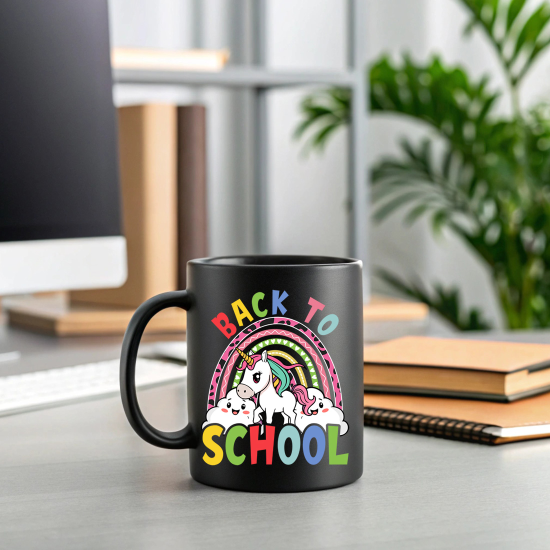 cute unicorn back to school design with colorful rainbow and happy clouds 2 black mug mock up 247