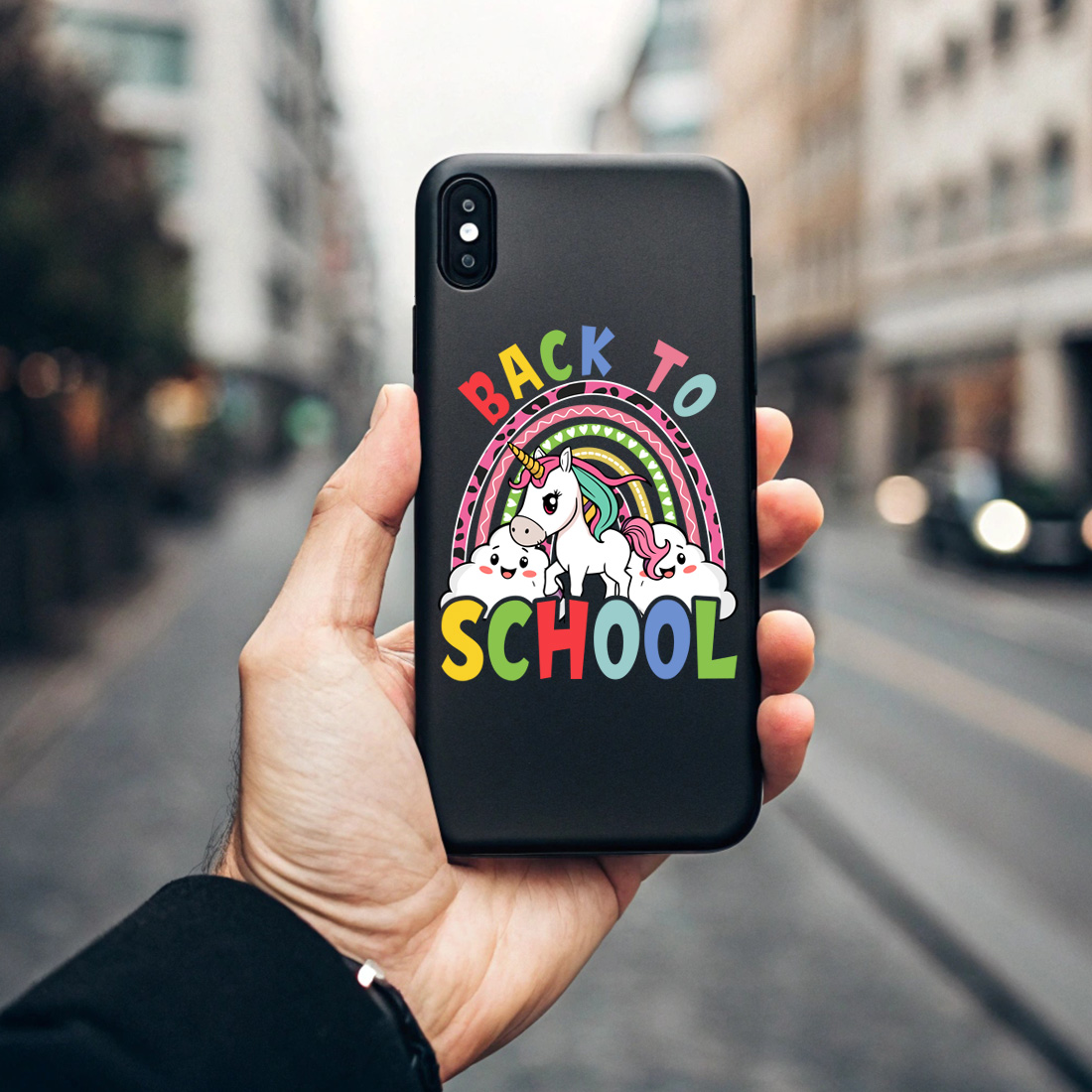 cute unicorn back to school design with colorful rainbow and happy clouds 5 black phone case mock up 432