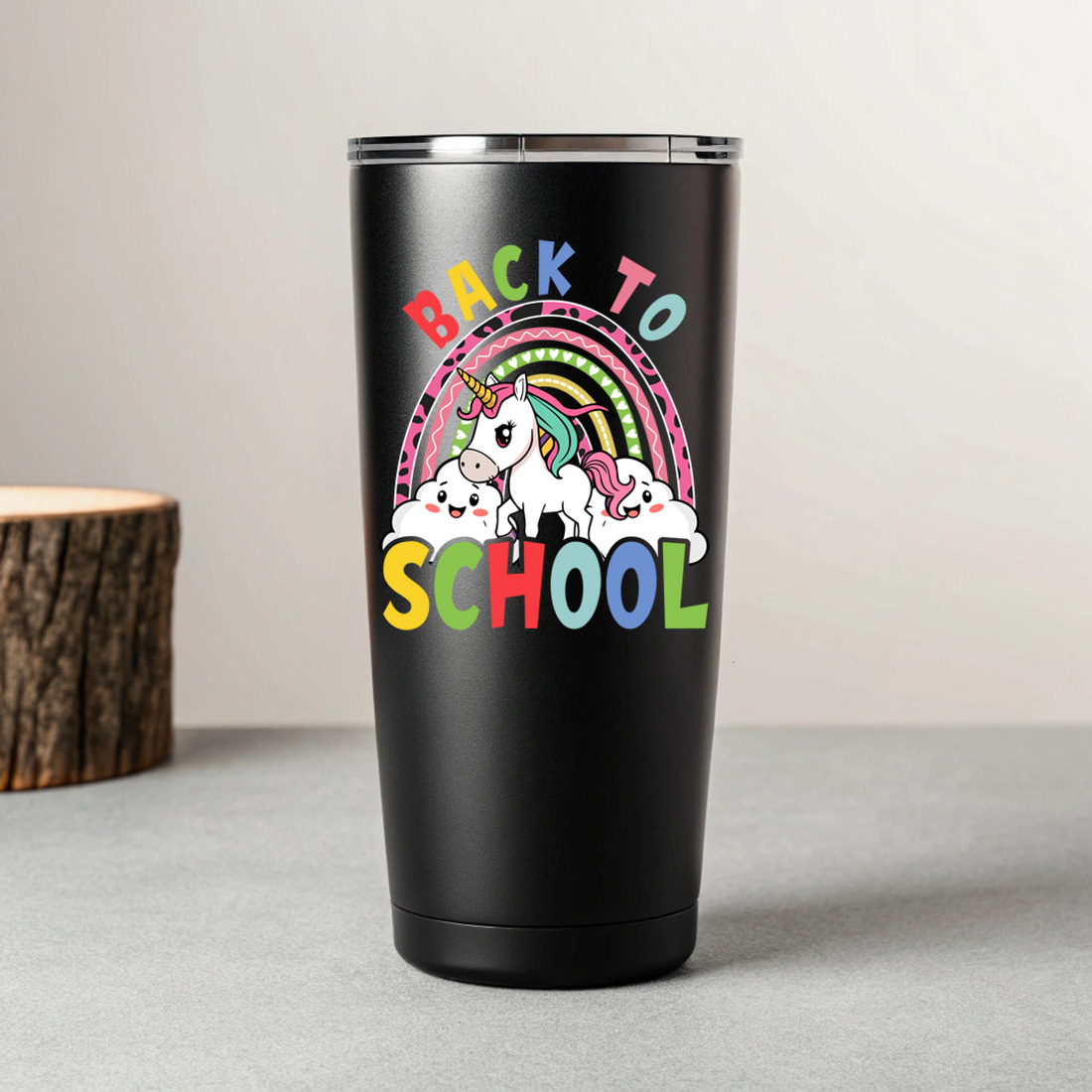 cute unicorn back to school design with colorful rainbow and happy clouds 7 black tumblers mockup 299