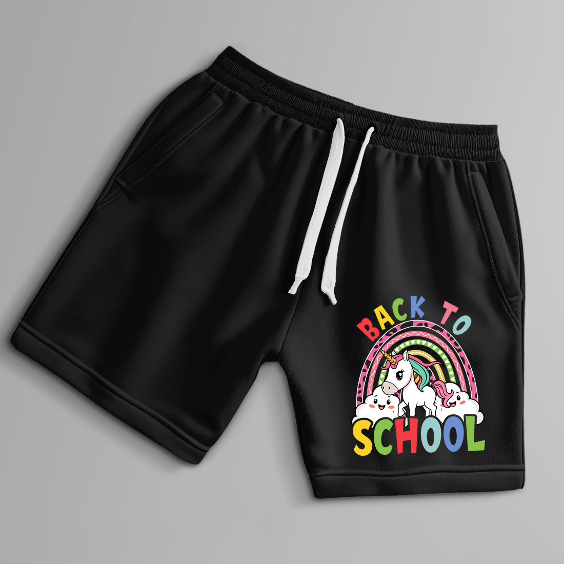 cute unicorn back to school design with colorful rainbow and happy clouds 8 black shorts up 896