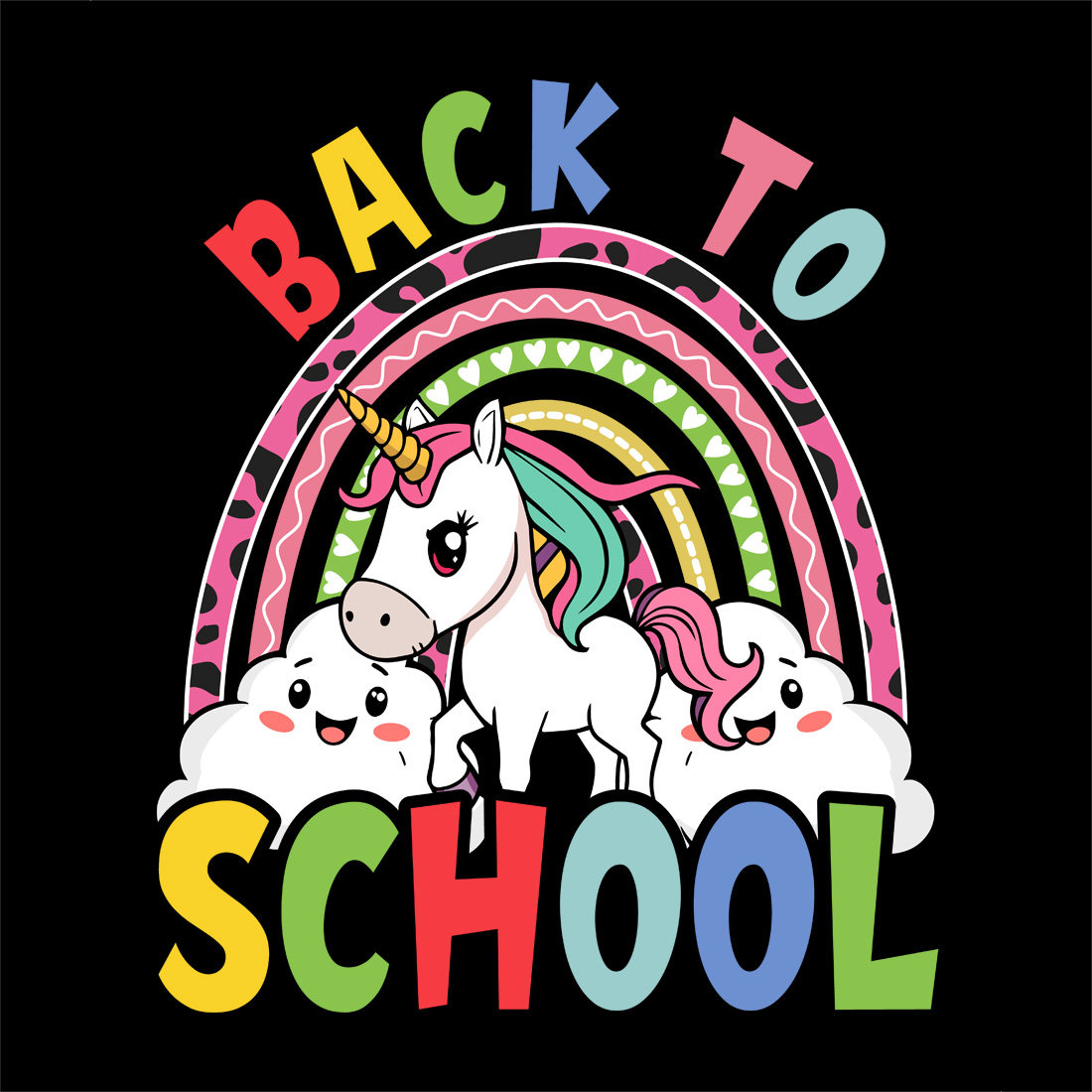 Cute unicorn back to school design with colorful rainbow and happy clouds preview image.