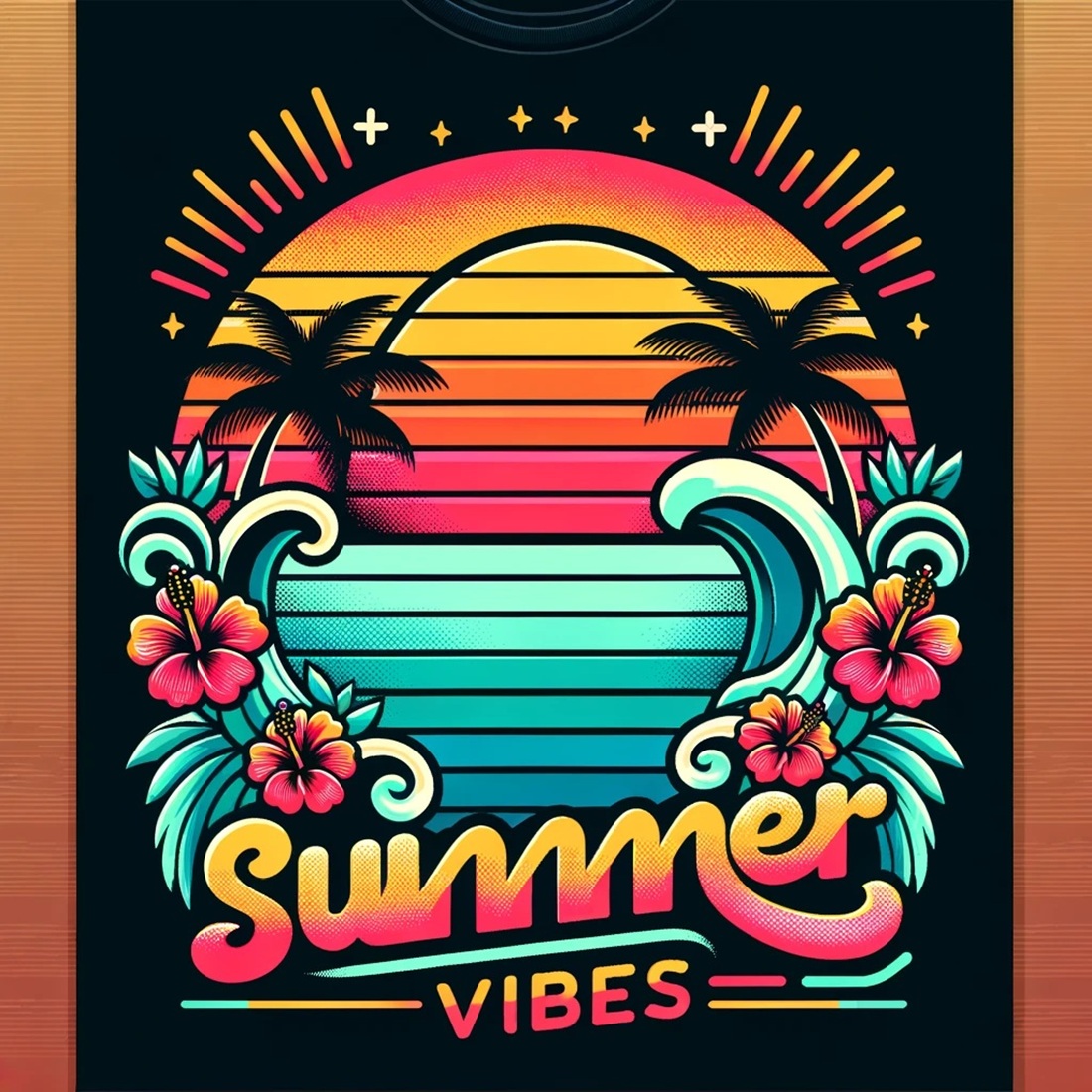 dall·e 2025 01 20 14.09.00 a vibrant summer themed t shirt design featuring a retro sunset with palm trees a bright sun and tropical elements like waves and hibiscus flowers. 599