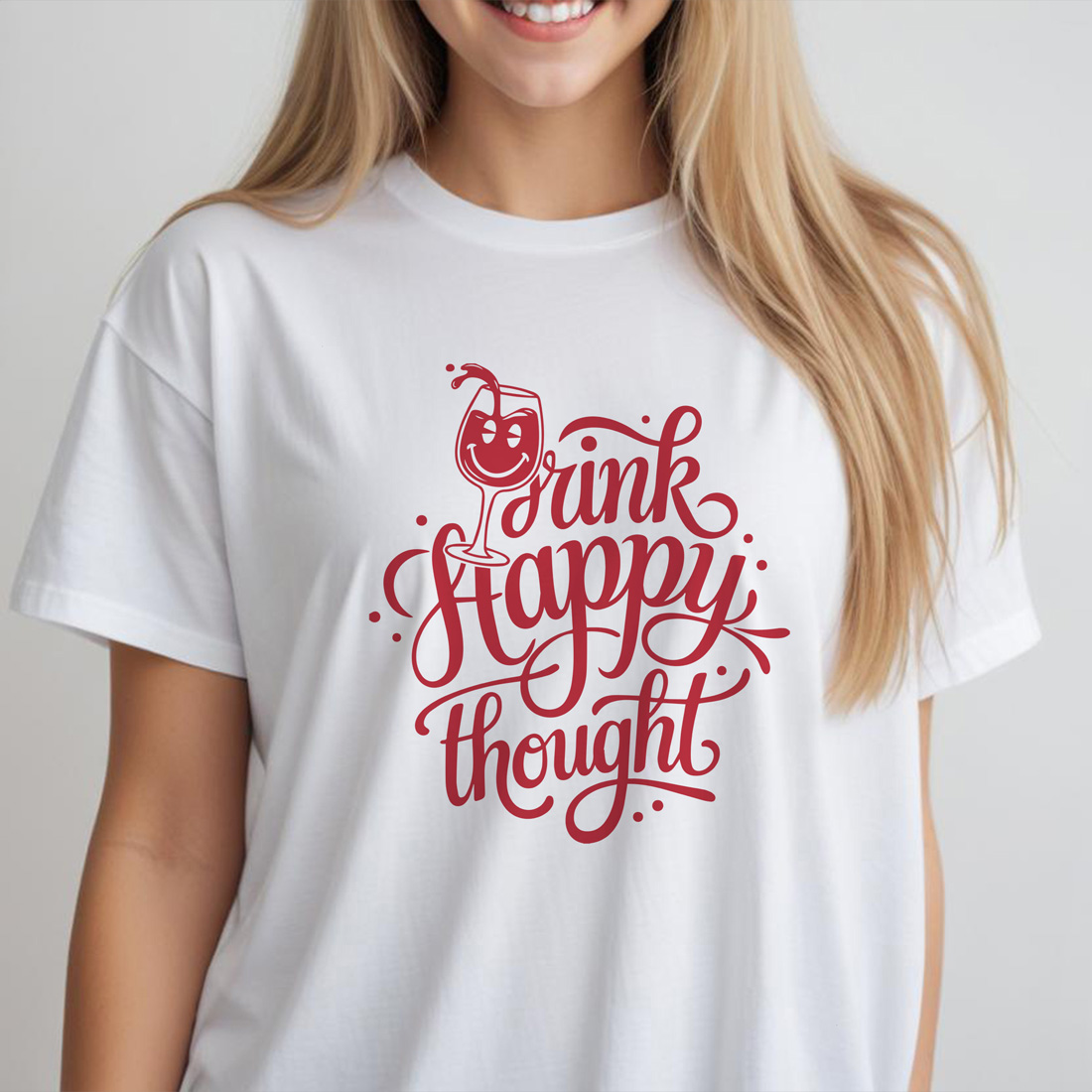 drink happy thought white female tshirt front mockup 100