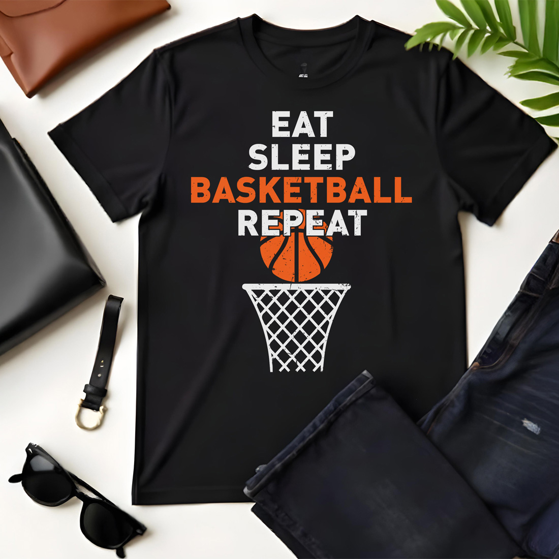 eat sleep basketball repeat black flat tshirt mockup 116