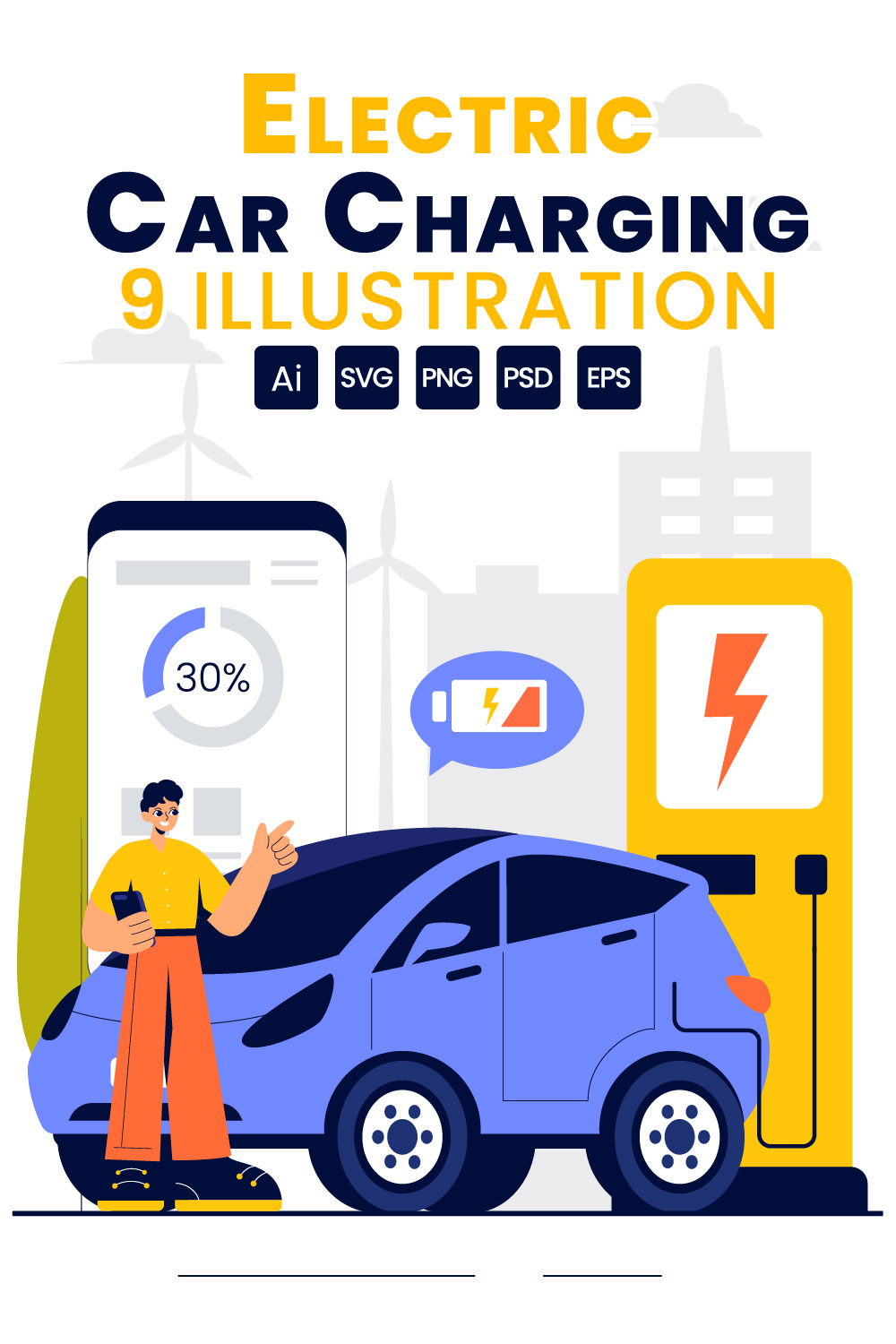 9 Electric Car Battery Charging Illustration pinterest preview image.