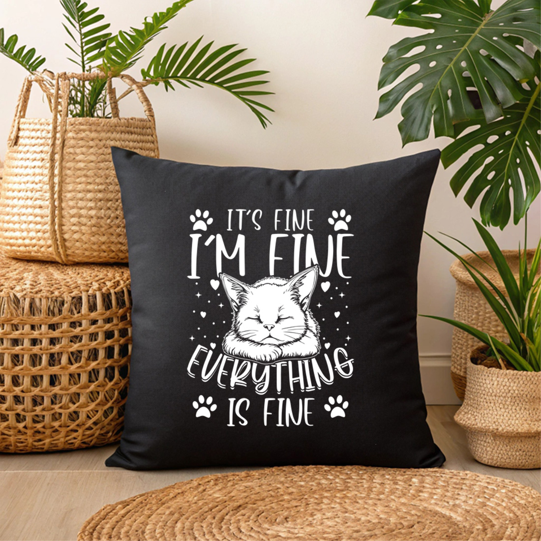 emotional cat quote design everything is fine shirt for cat lovers 3 black pillow mock up 495